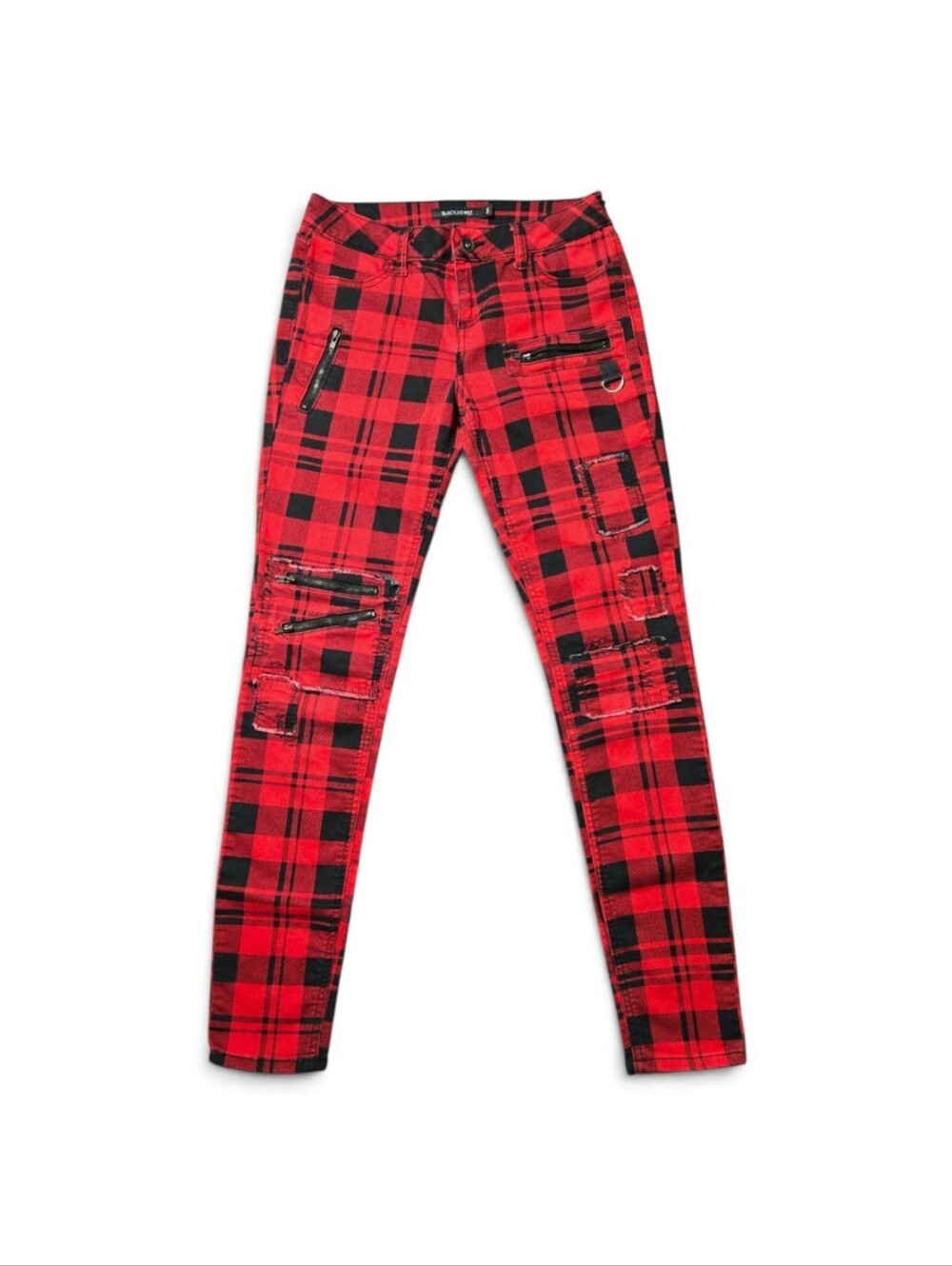 Blackheart Red Black Plaid Skinny Pants w/Zippers & Patches Punk Goth 5